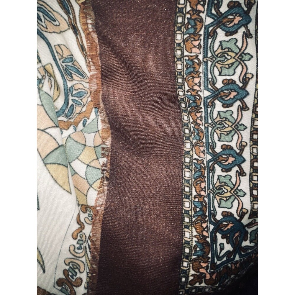 Vintage CROSS Brand 45 in x 45 in Brown Green Yellow Scarf Fringe - Picture 4 of 4